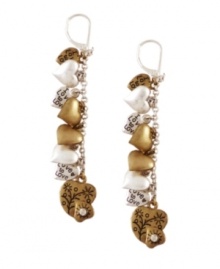 Lovable design you can mix and match with your other accessories. Jessica Simpson's two-tone drop earrings feature silver and gold tone mixed metal decorated hearts. Approximate drop: 2-1/2 inches.