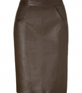 Luxe skirt in ultra-supple, dark brown leather - A sexy standout from cult luxury label Jitrois - Classic, feminine pencil cut - Elegant, on-trend dart detail at hips - Fitted and flattering, with a higher waist and back zip - Hits just above the knee - A refined, versatile staple that works for day or evening - Pair with a blazer and a button down, or dress up with a silk top and sandals