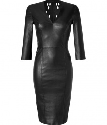 Ultra-luxurious dress in fine black lambskin - Soft leather fits like a glove for a sexy, sleek look - Designed by French cult label, Jitrois - Slim silhouette with v-neck, 3/4 arms and pencil skirt length - Cut-outs design at back - High-confidence feel - Pair with booties, sandals or pumps