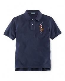 A short-sleeved polo shirt is cut in soft, breathable cotton mesh with a multicolored embroidered Big Pony for a classic look.