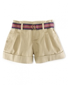 A classic cotton chino short is designed with chic pleats and a cute grosgrain ribbon belt for a darling and preppy look.