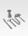 A convenient set of five essential bar tools in stainless steel makes mixing a breeze. From the Placid Collection Set includes tongs, strainer, opener, knife and jigger Hand wash Imported