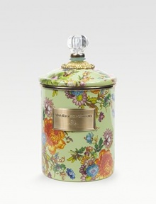 A garden-fresh lidded canister makes a cheery kitchen container or home organizer, crafted in hand-glazed and -decorated steel with bright florals, bronze hardware and a clear acrylic knob. Enameled steel 48-ounce capacity 5¾H X 5 diam. Dishwasher safe Imported 