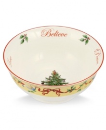 A sun-yellow partridge and pear tree motif lend new cheer to what's already a symbol of the season – Spode's Christmas Tree dinnerware. Adorned with Joy, Believe, Love and Peace, the 2012 annual revere bowl is something to treasure.