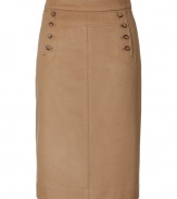 Luxurious skirt made ​.​.from a fine, camel wool and cashmere blend - A classic with the famous slenderizing pencil cut - Decorative button placket, slit pockets and stylish corset lacing at the hip - The skirt is cut slim and figure-enhancing and the hem ends at the knee - Center slit in back - An exclusive no-nonsense basic so versatile to combine - Perfect for the office with a blazer and blouse or for evening with a silk top and biker jacket