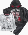 A three-piece set from Nannette that has him looking like a rock 'n' roll legend: Long-sleeved tee with rock legends never fade away they live on forever graphic; zip-up hoodie with rock graphic and A patch; and zip-fly jeans with adjustable waist.