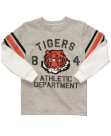 Comfy cotton gets the graphic treatment. He'll definitely make a lively statement with this layered tee from Carter's.