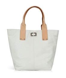 Chic handbag in fine, pure white snake embossed leather - Practical tote style with two short, contrast beige handles - Open top and magnetic closure - Tonal topstitching, alloy hardware and logo plaque at center - Fully lined, with one zip and two open interior pockets - Height: 14 - Width: 15 - Diameter: 7 - Versatile and stylish, seamlessly transitions from work to weekend