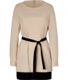 Both classic and cool with its neutral colorblocking, Steffen Schrauts belted tunic is a chic choice packed with wearing possibilities - Round neckline, long sleeves, buttoned cuffs, black trim around the hemline, slit sides, self-tie sash around the waist with black reverse, belt loops, hidden back zip - Loosely fitted - Wear with black flats and a carryall tote to work