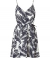 With a summery leaf print and a flirty silhouette, this dress from Juicy Couture will add ladylike charm to your warm weather look - V-neck, spaghetti straps, faux-wrap front, drawstring waist, full skirt, all-over print - Style with espadrille wedges and a straw fedora