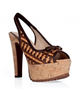 Retro-cool chocolate and camel braided platform sandals from LAutre Chose - Channel 70s-inspired chic in these leather and cork platform sandals - Super high cork platform with woven multicolored leather, front bow, and peep-toe style - Pair with high-waisted flared jeans, a tie-neck blouse, and a fitted blazer