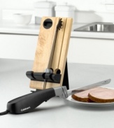 Cuisinart's electric knife is really two knives in one with full-size interchangeable bread and carving blades in high-grade stainless steel. Knife handle is ergonomically designed to work comfortably when held in the right or left hand. Set comes with a becoming wooden butcher block storage unit with blade lock-ins for added safety. Includes 4-foot cord, one-touch on/off trigger and Cuisinart's 3-year warranty. Knife blades are dishwasher safe. Model #CEK-40.