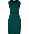 Alluring with its black satin and rich green coloring, DKNYs sleeveless sheath dress lends a festive edge to work and cocktail looks alike - Round neckline, sleeveless, black satin trim, hidden back zip - Tailored fit - Wear with a blazer and pointy toe pumps