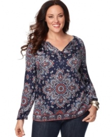 Capture a bold bohemian spirit with Charter Club's long sleeve plus size peasant top, featuring a paisley print.