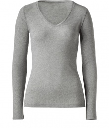 Stylish T-shirt in a heather grey cotton-cashmere blend - A classic, basic T-shirt, exactly The One youve always looked for and also the one you need - The cut is straight, relaxed and slightly longer with a wide V-d?collet? and long sleeves - Can be worn as a layering piece and also just by itself - For evening with leather leggings, in the office with a pants suit