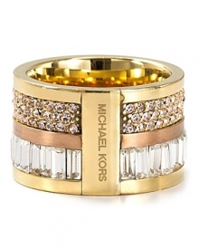 Glittering pavé and emerald-cut stones lend statement sparkle to this bold barrel ring from Michael Kors.