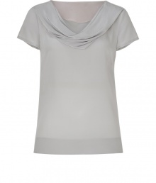 Stylish top in fine, pure light grey silk - Luxe fabric is soft to the touch and drapes beautifully - Slim, straight silhouette, hits just below hip - Short sleeves and small, side slit detail - Fabric darts at bust and back, wide hem - Beautifully proportioned, oversize cowl neck - Elegant, light rose lining at collar - Pair with a pencil skirt or wide-leg trousers and platform pumps