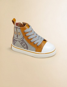 Classic high-tops get a fun update with an adorable owl print and rich leather trim.Lace-up frontSide zipperCotton canvas upper with leather trimRubber solePadded insoleImported