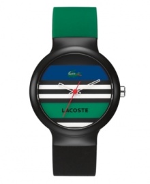 Prep school chic from Lacoste. Unisex Goa watch crafted of green and black silicone strap and round black plastic case. Multi-color stripe dial features iconic crocodile logo at twelve o'clock, black text logo at six o'clock, white cut-out hour and minute hand and red second hand. Quartz movement. Water resistant to 30 meters. Two-year limited warranty.