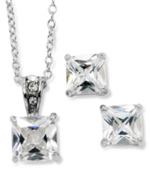 Add a one-two punch of sparkle to your look in City by City's chic jewelry set. Square-cut cubic zirconias (7-1/2 ct. t.w.) shine in a silver tone mixed metal setting. Approximate necklace length: 16 inches + 3-inch extender. Approximate pendant drop: 3/4 inch. Approximate earring drop: 3/4 inch.