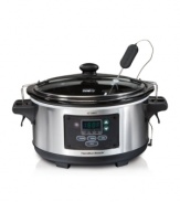 Return home to ready-made meals. Prep your favorite dishes, set the temp and time and get out of the kitchen. This fully programmable slow cooker is perfect for chickens, roasts and more with a removable dishwasher-safe stoneware pot with sealed lid to keep in moisture and flavor. 1-year warranty. Model 33969.