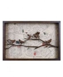 Open your home to the art of assemblage with A Little Message. Part metal sculpture of four little birds on a branch, part decoupage of antique postcards, this whimsical piece is truly unique and a pleasure to look at, and it will capture everyone's imagination.