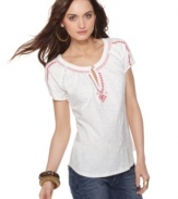 Embroidery and lace insets at the shoulders adorn this Lucky Brand Jeans top for a vintage-inspired look. Try it with flared jeans for a summer concert or outdoor soiree!