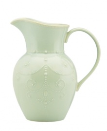 With fanciful beading and an antiqued edge, this Lenox French Perle pitcher has an irresistibly old-fashioned sensibility. Hardwearing stoneware is dishwasher safe and, in a soft pistachio hue, a graceful addition to every meal. Qualifies for Rebate