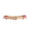 High-fashion belt in light brown leather - Statement accessory with neon pink detail - Thin design with metal buckle rings - Upgrade from basic belt - Pairs perfectly with monochromatic shirt or tunic and long cardigan