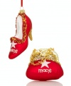 Accessories make the tree. Holiday-red Macy's pump and matching handbag ornaments make the cut for high-fashion Christmas trees. With gold glitter, shimmering beads and luxe detailing. Bag hangs from chain handle.