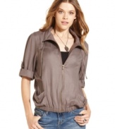 An elastic hem and roll tab sleeves bring irresistible style to a casual, every day jacket! From American Rag.