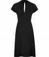 Elegant dress in fine, pure black viscose crepe - Flattering A-line silhouette with elongating decorative seams - Fitted bodice with shirred V-neck and belled short sleeves - Slim skirt flares gently at hem, hits at knee - Sexy, on-trend cut out detail at nape of neck - Zips at back - Pair with open toe pumps, sandals or wedges and a statement clutch