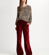 Pure silk crewneck in a luxe leopard print. Crewneck Long sleeves Silk Dry clean Made in USA of imported fabric