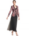 A sweeping petite silhouette is topped off with an attached jacket for a beaded, floral-printed layered look. By Patra.