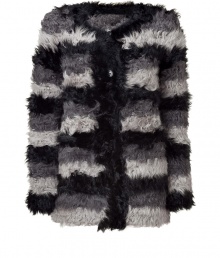 Make an ultra luxe sartorial splash in DKNYs textural shearling tonal grey striped jacket - Collarless, hidden buttoned front, long sleeves, fitted - Pair with jeans and boots for day, or try with tailored sheaths and platform boots for chic cocktails