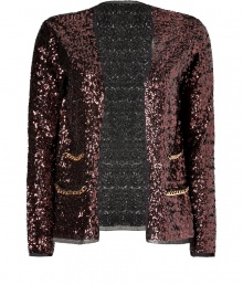 Shimmer into evening elegance in By Malene Birgers allover sequined cardigan, a contemporary-chic choice guaranteed to make an impact - Open front, long sleeves, chain trim, front slit pockets - Easy straight silhouette - Wear with everything from silk tees and trousers to cocktail dresses and heels