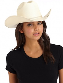 THE LOOKStructured, rigid designCowboy hat silhouetteRibbon bow detailTHE MEASUREMENTInside width, about 6½Brim length, about 15½Brim width, about 14THE MATERIALCoated silkORIGINMade in Italy