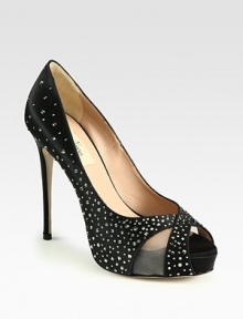 Glittery Swarovski crystals decorate this satin peep toe pump, with semi-sheer mesh inserts and a hidden platform. Self-covered heel, 4¾ (120mm)Hidden platform, 1 (25mm)Compares to a 3¾ heel (95mm)Swarovski-encrusted satin upper with mesh insertsPeep toeLeather lining and solePadded insoleMade in Italy