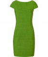 Simple yet luxurious dress in fine, green silk from Swiss luxe label Akris - Clean silhouette is slim and feminine with round neck and tiny cap sleeves, two front pockets, and a wrap-back neckline - Classic skirt fit falls at thigh length -  Perfect for the office with a cashmere cardigan, or for a party when paired with stilettos and a clutch