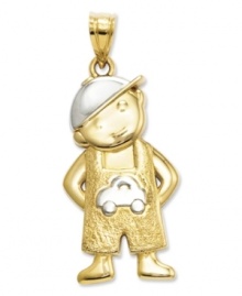 This sweet little boy will brighten your day. Crafted in 14k gold and sterling silver, this cute design features a little boy wearing a hat and overalls accented by a car. Chain not included. Approximate length: 1-1/5 inches. Approximate width: 1/2 inch.