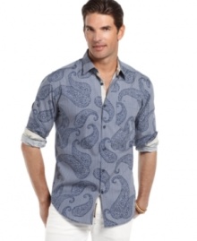 Pop in some paisley to add some energy to your vacation style with this button-front shirt from Cubavera. (Clearance)