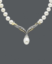 Accent your neckline with the perfect sparkling sophistication. This v-shaped necklace combines cultured freshwater pearls (5-9mm) and sparkling diamond accents. Set in sterling silver and 14k gold. Approximate length: 17 inches. Approximate pendant drop: 1/2 inch.