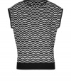 Give your look a vivid uplift in Missoni Ms monochrome zigzag knit top - Round neckline, sleeveless, black ribbed knit trim - Loose fit - Wear with a knit skirt and sophisticated heels