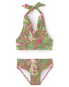 This Lilly Pulitzer bikini celebrates the sunshine with a frilly ruffle trimmed halter and stay-put bottoms in a classic Lilly print.