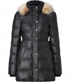 Feminine with a fitted waistline, Juicy Coutures puffy coat is a chic and cozy take on cool winter-wear - Faux-fur trimmed hood, stand-up collar, long sleeves, elasticized cuffs, snapped front panel with hidden zip, side slit pockets - Fitted - Team with bright knit hats and shearling lined boots