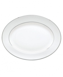 Modern yet timeless, this fine china oval platter is sure to satisfy the style-hungry host. Simply dressed in cream and white stripes and finished with polished platinum trim, Opal Innocence Stripe creates an ultra-chic setting to enjoy celebratory meals. Qualifies for Rebate