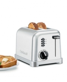 High-tech toasting technology gets a high-style look with this sleek stainless steel two-slice toaster featuring beautiful brushed chrome accents. A six-setting browning dial and reheat, defrost and bagel buttons give you custom control, while wide slots fit a variety of bread and toaster pastries. Limited warranty. Model CPT-160.