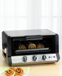 Cuisinart brings form to function with this high-style toaster oven in black with brushed stainless steel. Three simple selection dials control timing and temperature. Easy-to-clean bake and broiler trays. Slide-out crumb tray. Measures 16 x 18-1/4 x 10-3/4. Model TOB-50. Three-year manufacturer's warranty.