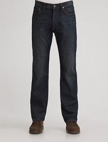 Dressed-up denim is cut with straight legs in a soft wash and ultra-dark rinse. Five-pocket style Zip fly Signature back patch Inseam, about 34 Cotton; machine wash Imported