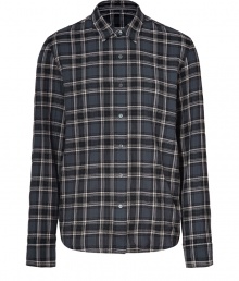 Work a rugged edge into casual cool looks with James Perses modern plaid shirt - Classic collar, long sleeves, buttoned cuffs, button-down front - Slim fit - Wear with jeans or chinos and bright desert boots